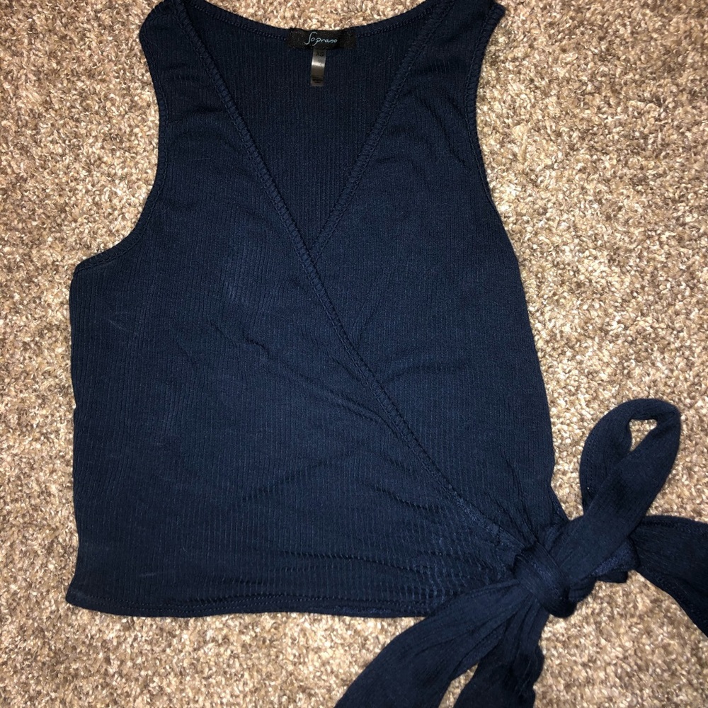 Navy ribbed crop top with side tie